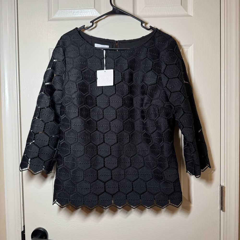 NEW $129 RSVP by Talbots Top Size L Black Geometric Blouse Lace Overlay Top NWT - Picture 2 of 8
